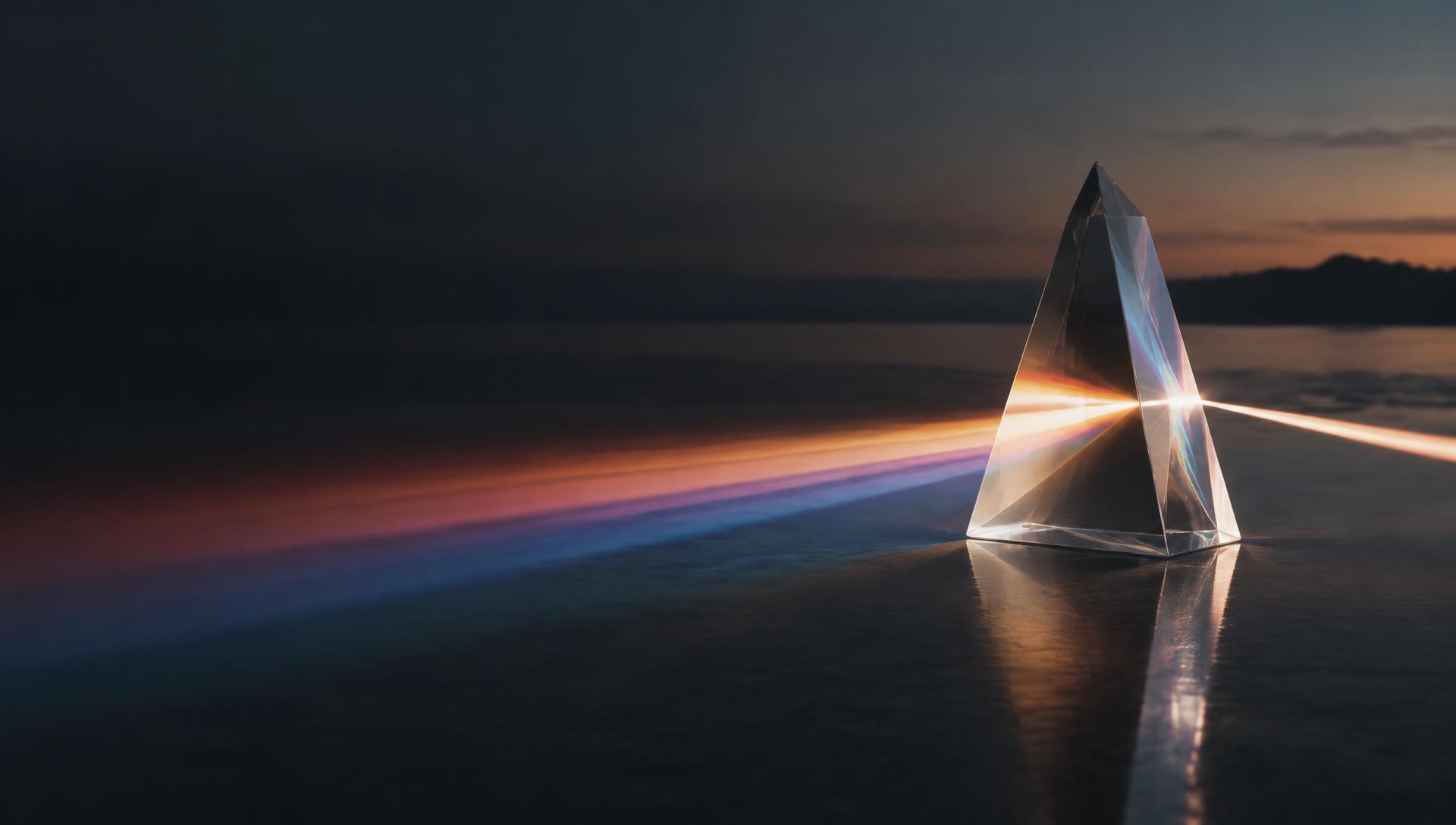 A glass prism refracting a beam of light at dusk